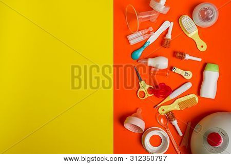 Top View Of Breast Pump And Baby Healthcare Products