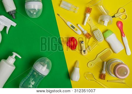 Top View Of Baby Feeding Accessories And Baby Healthcare Necessities