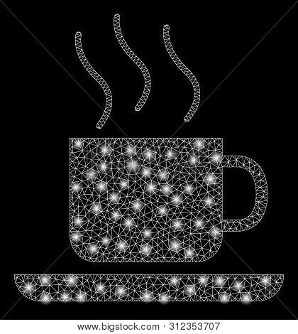 Glossy Mesh Coffee-break With Glitter Effect. Abstract Illuminated Model Of Coffee-break Icon. Shiny