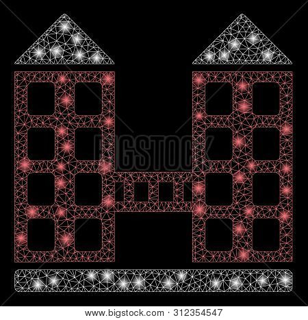 Glossy Mesh Company Building With Glare Effect. Abstract Illuminated Model Of Company Building Icon.