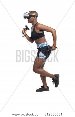 Black African American Female Running In Vr While Wearing A Virtual Reality Headset For Training Or 