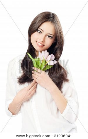 Beautiful Girl With Tulips Isolated On White
