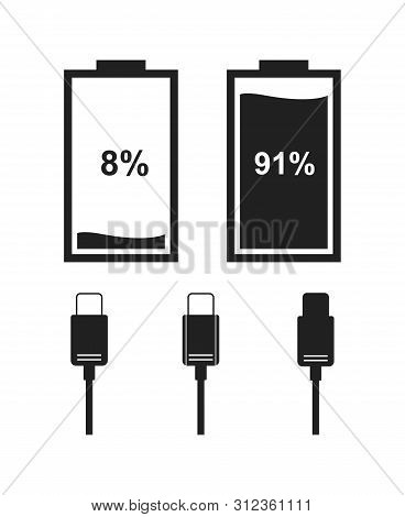 Icons Of Battery Level Indicator And Type-c Cable In Black Color. Vector Icons For Interface Design.