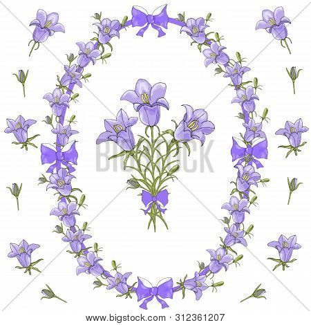 Vector  Hand Draw Celebrate Holiday. Flowers Bells In A Wreath, Seamless Brush And Set. Seamless Bru