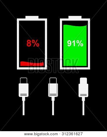 Battery Level Indicator Icons Isolated On Black Background. Vector Flat Icons Of Battery And Type-c 