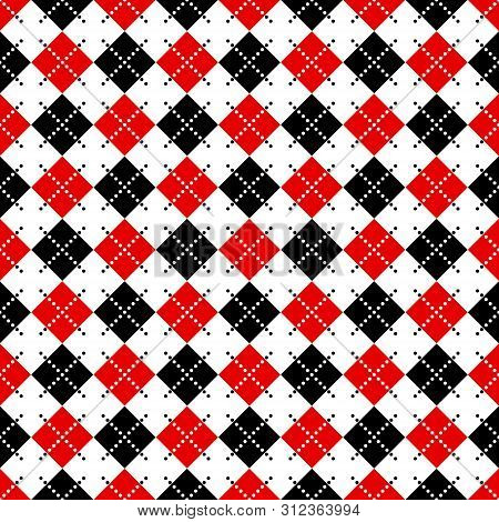 Seamless Argyle Pattern With Dashed Lines In Red, Black And White.