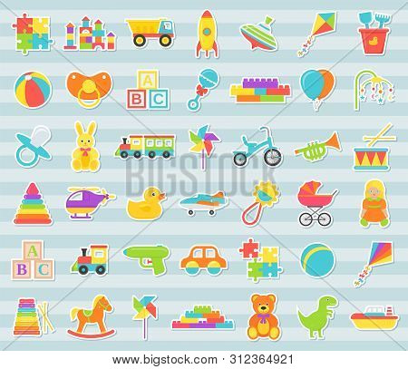 Baby Toys Stickers. Vector. Kids Toy Isolated. Baby Shower Stuff In Flat Design. Cartoon Illustratio