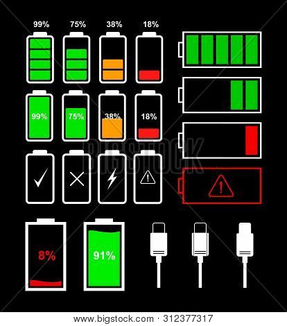 Battery Icons And Type-c Cable For Various Types Of Devices Isolated On Black Background. Vector Ind