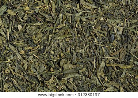 Green Tea Leaflets, Detail, Macro, Full Frame, Horizontal Texture. Green Tea. Sencha.