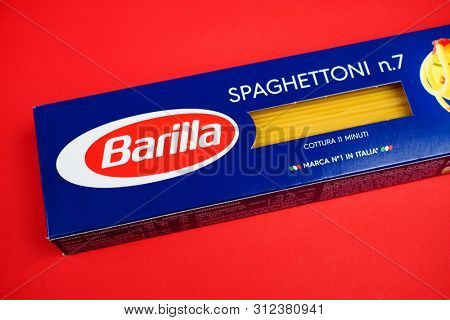 Prague, Czech Republic- July 1, 2019. Barilla is an Italian food company was founded as a bakery shop in Parma, Italy by Pietro Barilla