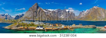 Hamnoy Village on the Lofoten Islands, Reinefjord,  Norway. Panoramic Shot,  Mountain In Background