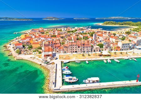 Island Of Krapanj Aerial Panoramic View, Sea Sponge Harvesting Village, Sibenik Archipelago Of Croat