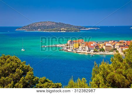 Island Of Krapanj Aerial Panoramic View, Sea Sponge Harvesting Village, Sibenik Archipelago Of Croat