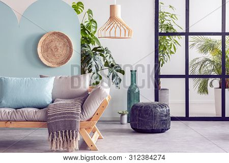 Open Plan Bedroom Interior With Partition Wall With Mullions And Mint Lamp On Nightstand Table Next 