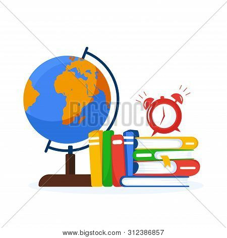 Banner With Education Supplies. Back To School. Stack Of Books, Globe And Wake Up Clock. School Desk