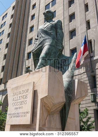Monument To Chilean Statesman And Political Figure. Salvador Allende In Santiago De Chile