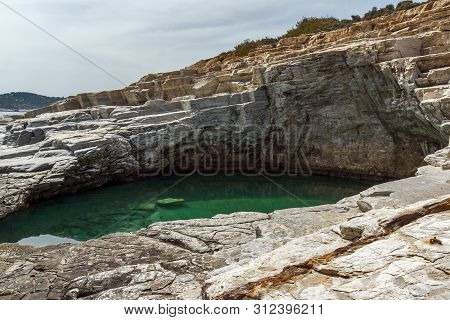 Seascape With Green Waters Of Giola Natural Pool In Thassos Island, East Macedonia And Thrace, Greec