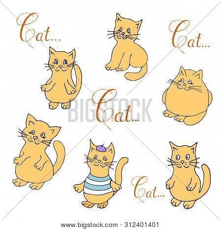 Set Of Cat For Design. Cartoon Lines Art. Vector Hand Draw Illustration.