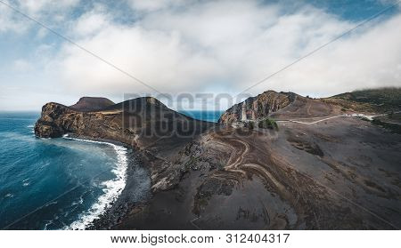 View Over Capelinhos Volcano, Lighthouse Of Ponta Dos Capelinhos On Western Coast On Faial Island, A