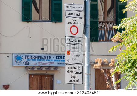 Porto Santo Stefano, Italy - September 22, 2013: Road Signs Indicating Limitation Of Passing Traffic