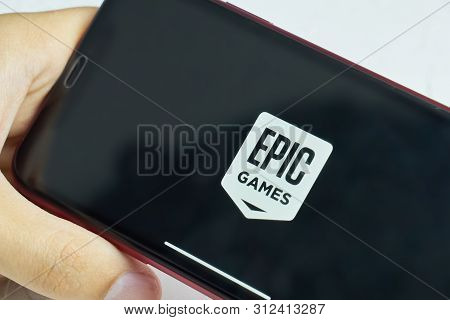 Bishkek, Kyrgyzstan - June 06, 2019:screensaver Logo Epic Games. Open A Playground Game.