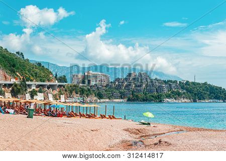 Slovenska Plaza Beach And Elite Apartments In Budva City On Adriatic Sea Coast, Montenegro.