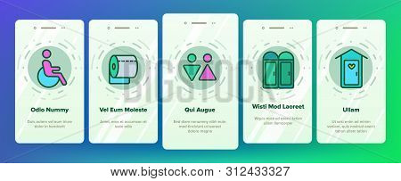 Wc, Public Bathroom, Toilet Onboarding Mobile App Page Screen. Using General, Lavatory, Restroom Des