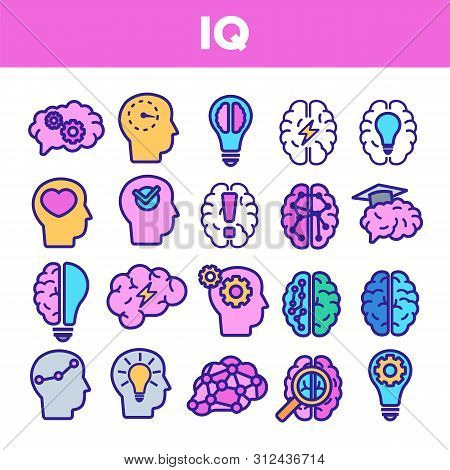 Iq, Intellect Linear Icons Set. Intelligence Coefficient, Iq Thin Line Contour Symbols. Brain Power 