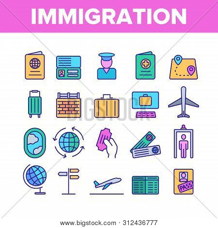 Immigration, Abroad Travel Linear Icons Set. Immigration, Foreign Country Trip Outline Symbols Pack.