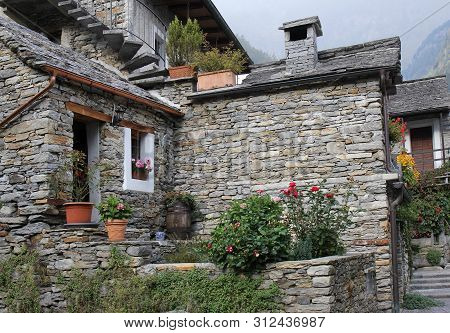 Stone Village Of Sonogno In Valley Lavertezzo, Ticino, Switzerland