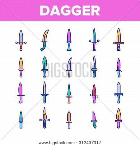 Dagger, Sharp Weapon Thin Line Icons Set. Dagger, Dirk, Metal Instrument For Self-protection. Mediev