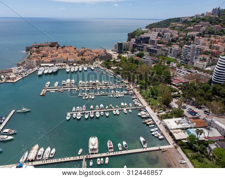 Old Town Budva. Aerial View To Dukley Marina From Sky.