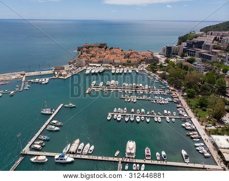 Old Town Budva. Aerial View To Dukley Marina From Sky.