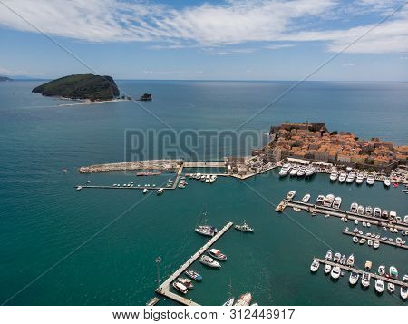 Old Town Budva. Aerial View To Dukley Marina From Sky.