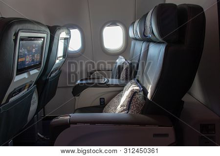 Armchairs Business Class In The Plane. Air Astana Airline Flight In The Plane. Kazakhstan, Astana, N