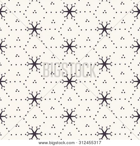 Hand Drawn Abstract Winter Snowflakes Pattern. Stylish Crystal Stars. White Ecru Background. Elegant