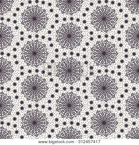 Hand Drawn Abstract Winter Snowflakes Pattern. Stylish Crystal Stars. White Ecru Background. Elegant