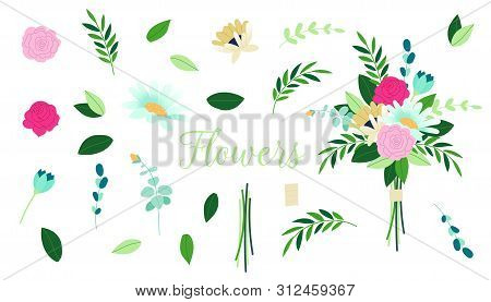 Vector Floral Bouquet Design. Set Of Floral Branch. Hand Painted Floral Elements Set. Set Of Vintage
