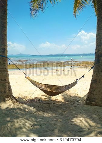 Empty Hammock Between Two Palms On A Tropical Island Filled With Sand With View Of The Sea, View Fro
