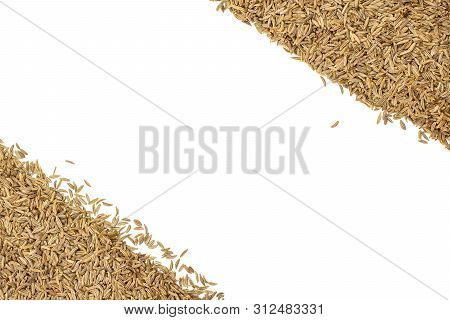 Lot Of Whole Dry Caraway Fruits Copyspace In The Middle Flatlay Isolated On White Background