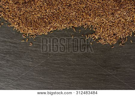 Lot Of Whole Dry Caraway Fruits Copyspace Below Flatlay On Grey Stone