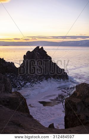 Rock Island In Lake Bikal At Sunset Time, Russia, Landscape Photography