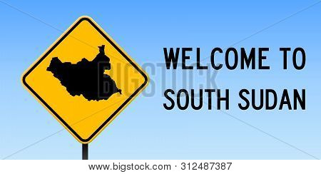 South Sudan Map Road Sign. Wide Poster With Country Outline On Yellow Rhomb Signboard. Vector Illust