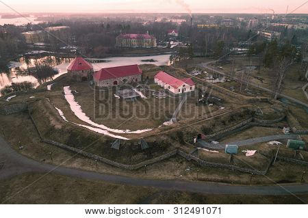 The Old Korela Fortress In The Cityscape On April Evening (aerial Photography). Priozersk, Russia