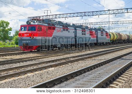Sharya, Russia - July 01, 2019: Three-sectional Coupling Of Freight Electric Locomotives Vl-80s With
