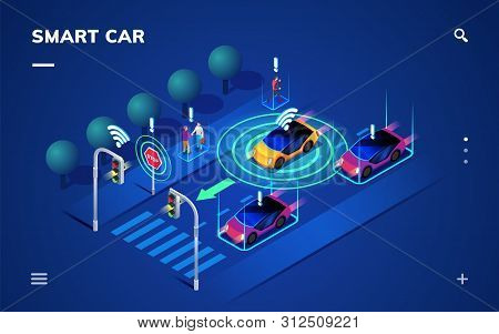 Driverless Or Self Driving Car At Road. Futuristic Autonomous Vehicle Remote Sensing System. Isometr