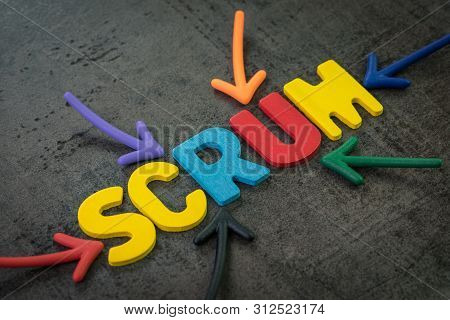 Scrum Master Method For Agile Software Development Concept, Multi Color Arrows Pointing To The Word 
