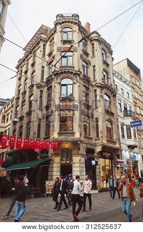 Istanbul, Turkey - May 15, 2019: Pedestrian Tourist Street Istiklal. Istiklal Street Is A Popular Pl