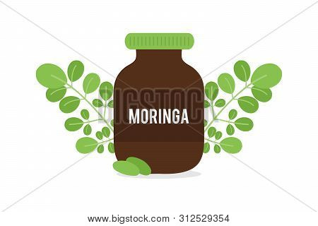 Bottle, Package Of Moringa Oleifera Food Supplement, Pills And Moringa Leaves Vector Cartoon Illustr