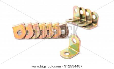 Metallic Tools, Mounting Angle Metal Brackets Isolated On White Background.